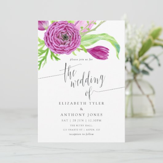 Floral Wedding Invite Violet Waterverf Plum Kaart (Staand voorkant)