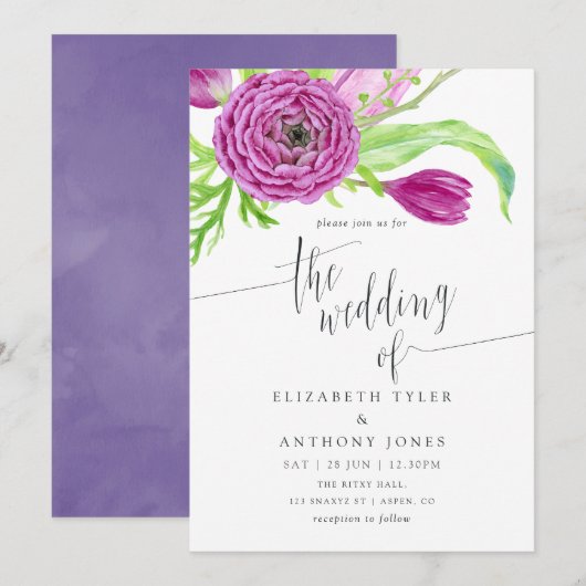 Floral Wedding Invite Violet Waterverf Plum Kaart (Voorkant / Achterkant)