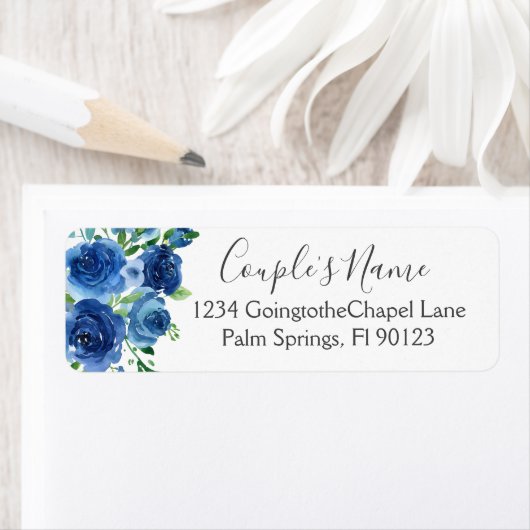 Floral Wedding Label Navy Blue White Waterverf (Insitu)