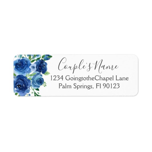 Floral Wedding Label Navy Blue White Waterverf (Voorkant)