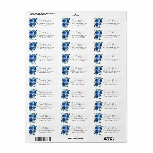 Floral Wedding Label Navy Blue White Waterverf (Full Sheet)