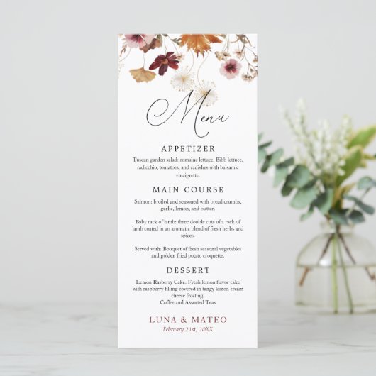 Floral Wedding Menu Burgundy Boho Herfst (Staand voorkant)