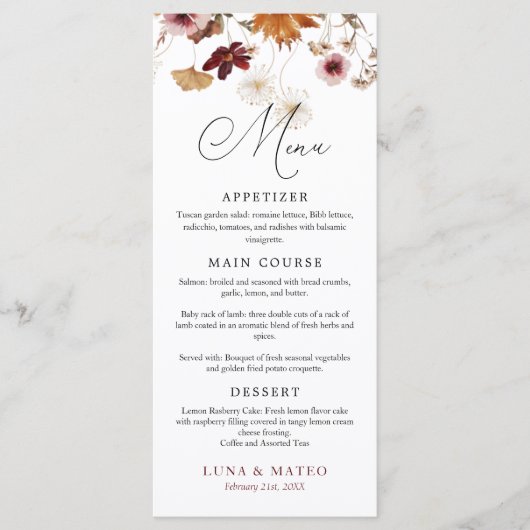 Floral Wedding Menu Burgundy Boho Herfst (Voorkant)