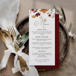 Floral Wedding Menu Burgundy Boho Herfst<br><div class="desc">Boho Theme Burgundy Herfst Floral Wedding Menu Kaarten. Ontworpen met Waterverf Herfst Florals die punten aanpassen in ons ontwerp van Cava-partij</div>