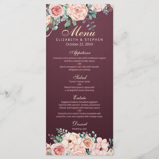 Floral Wedding Menu Elegant Burgundy Waterverf (Voorkant)