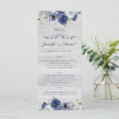 Floral Wedding Menu Navy Blue Silver Waterverf (Staand voorkant)