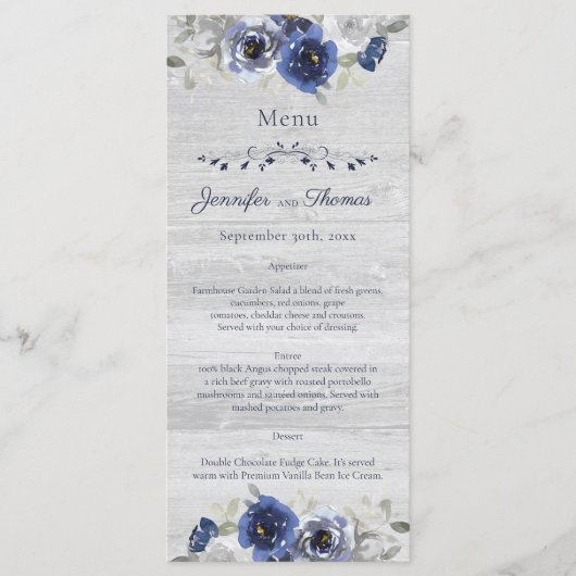 Floral Wedding Menu Navy Blue Silver Waterverf (Voorkant)