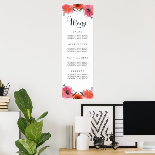 Floral Wedding Menu Navy Waterverf Poster (Thuiskantoor)