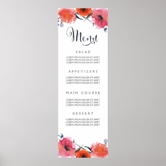 Floral Wedding Menu Navy Waterverf Poster (Voorkant)