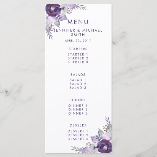 Floral Wedding Menu Paarse en Zilverige Waterverf (Voorkant)