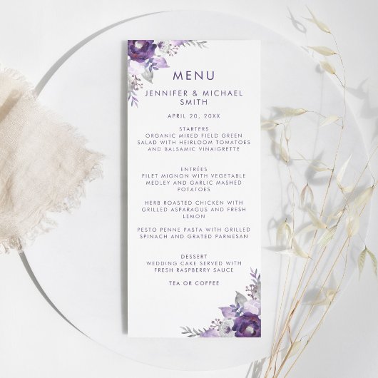 Floral Wedding Menu Paarse en Zilverige Waterverf