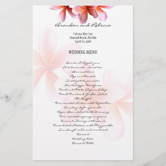 Floral Wedding Menu Pink Plumeria (Voorkant)