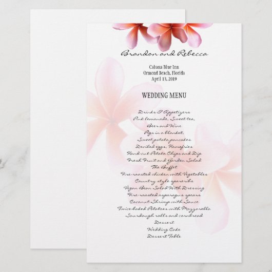 Floral Wedding Menu Pink Plumeria (Voorkant / Achterkant)