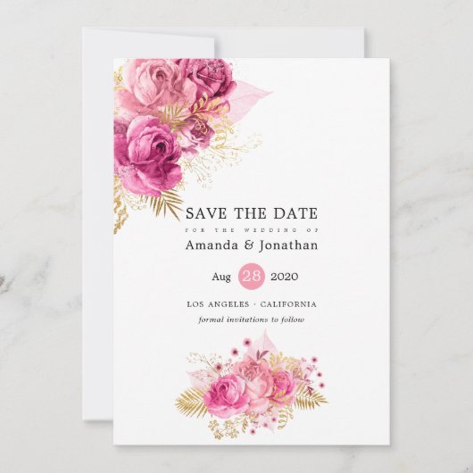 Floral Wedding met roze en gouden Waterverf Save The Date (Voorkant)