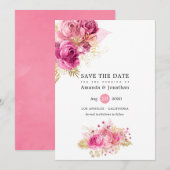 Floral Wedding met roze en gouden Waterverf Save The Date (Voorkant / Achterkant)