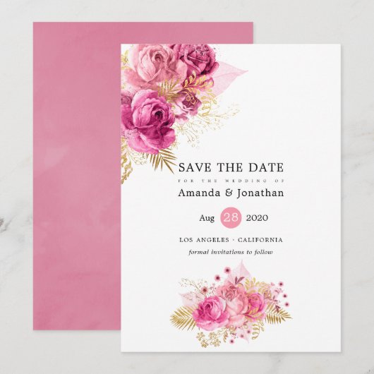 Floral Wedding met roze en gouden Waterverf Save The Date (Voorkant / Achterkant)