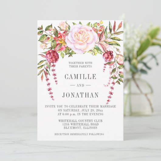 Floral Wedding met roze en groene Waterverf Kaart (Staand voorkant)