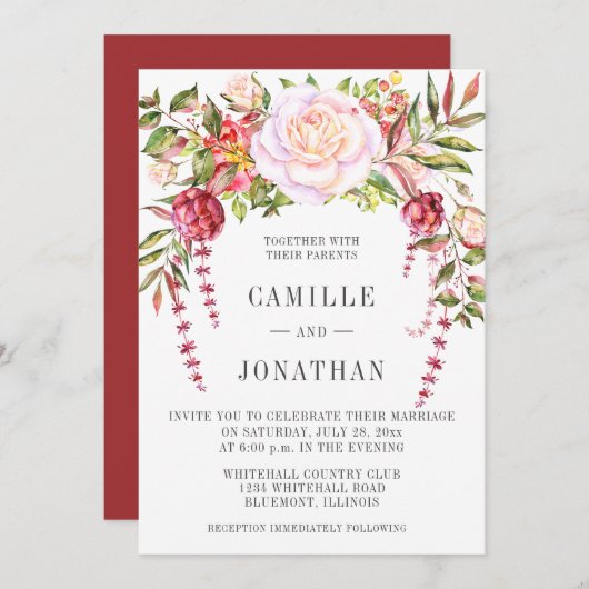 Floral Wedding met roze en groene Waterverf Kaart (Voorkant / Achterkant)