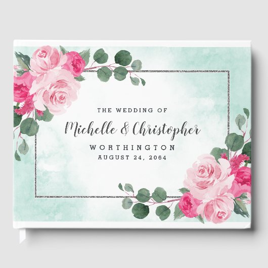 Floral Wedding met roze groene en zilveren Waterve Gastenboek (Voorkant)