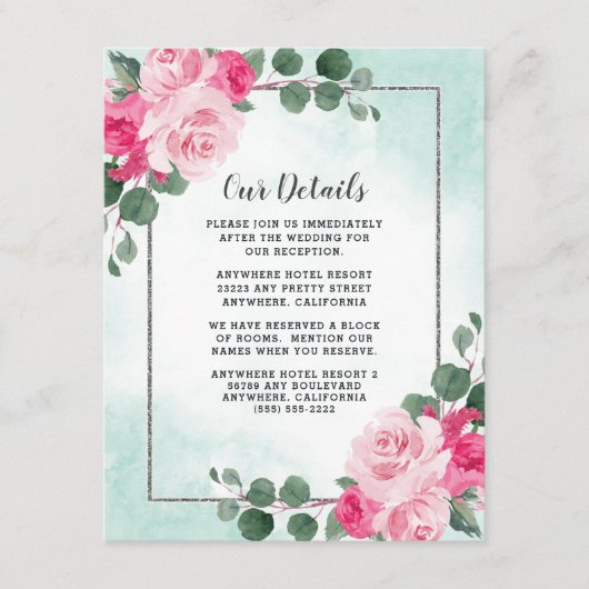 Floral Wedding met roze groene en zilveren Waterve Informatiekaartje (Voorkant)
