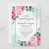 Floral Wedding met roze groene en zilveren Waterve Kaart (Voorkant)