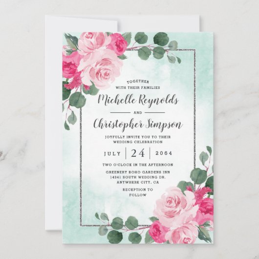 Floral Wedding met roze groene en zilveren Waterve Kaart (Voorkant)
