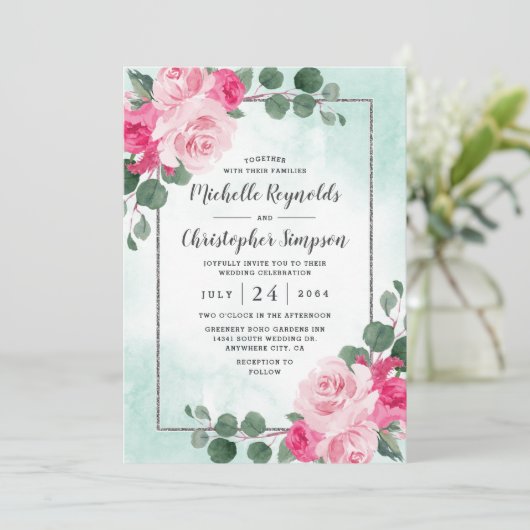 Floral Wedding met roze groene en zilveren Waterve Kaart (Staand voorkant)