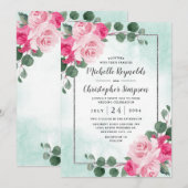 Floral Wedding met roze groene en zilveren Waterve Kaart (Voorkant / Achterkant)