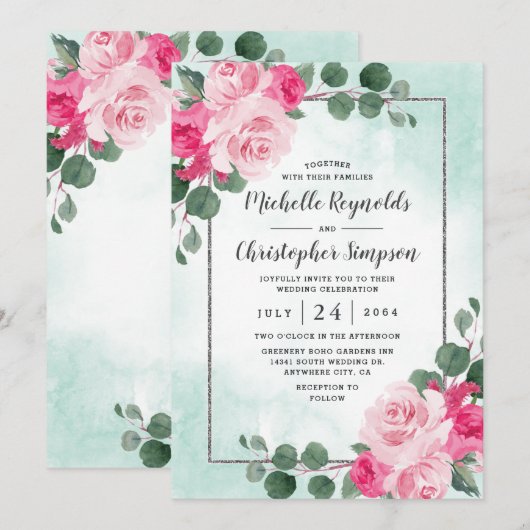 Floral Wedding met roze groene en zilveren Waterve Kaart (Voorkant / Achterkant)