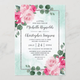 Floral Wedding met roze groene en zilveren Waterve Kaart