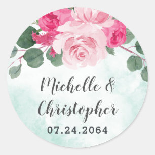 Floral Wedding met roze groene en zilveren Waterve Ronde Sticker