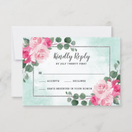 Floral Wedding met roze groene en zilveren Waterve RSVP Kaartje