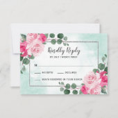 Floral Wedding met roze groene en zilveren Waterve RSVP Kaartje (Voorkant)