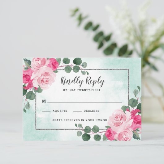 Floral Wedding met roze groene en zilveren Waterve RSVP Kaartje (Staand voorkant)