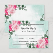 Floral Wedding met roze groene en zilveren Waterve RSVP Kaartje (Voorkant / Achterkant)