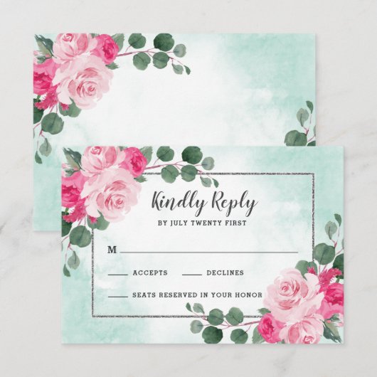 Floral Wedding met roze groene en zilveren Waterve RSVP Kaartje (Voorkant / Achterkant)