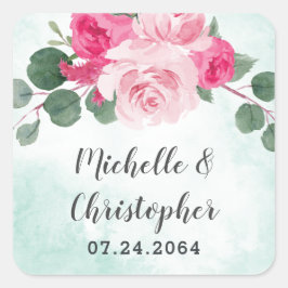 Floral Wedding met roze groene en zilveren Waterve Vierkante Sticker