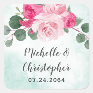 Floral Wedding met roze groene en zilveren Waterve Vierkante Sticker