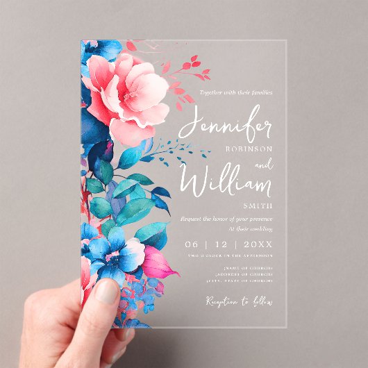 Floral Wedding Modern Script Typografie Blauw Roze Acryl Uitnodigingen (Insitu (Draagbaar))