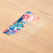 Floral Wedding Modern Script Typografie Blauw Roze Acryl Uitnodigingen (Laagn)