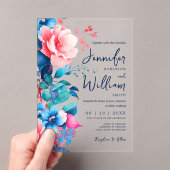 Floral Wedding Modern Script Typografie Blauw Roze Acryl Uitnodigingen (Insitu (Draagbaar))