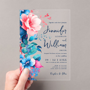 Floral Wedding Modern Script Typografie Blauw Roze Acryl Uitnodigingen