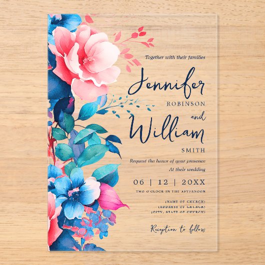 Floral Wedding Modern Script Typografie Blauw Roze Acryl Uitnodigingen (Voorkant)
