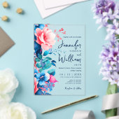 Floral Wedding Modern Script Typografie Blauw Roze Acryl Uitnodigingen (Insitu (Huwelijk))
