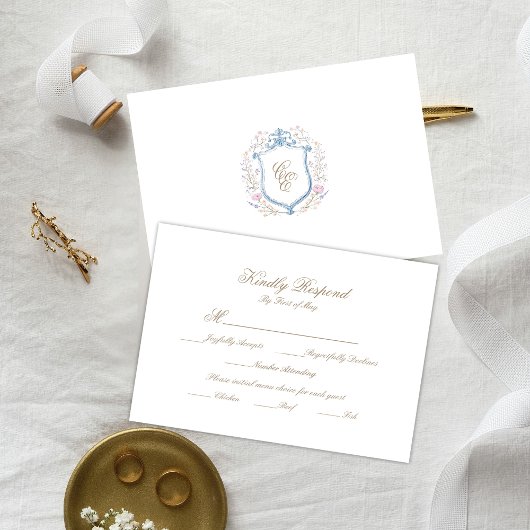 Floral Wedding Monogram Crest RSVP Card