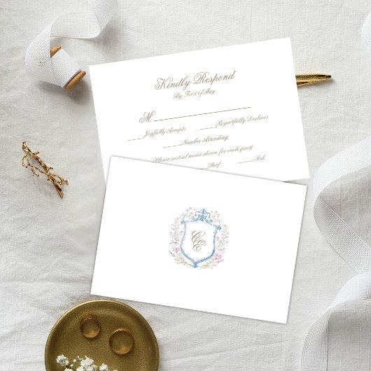 Floral Wedding Monogram Crest RSVP Card