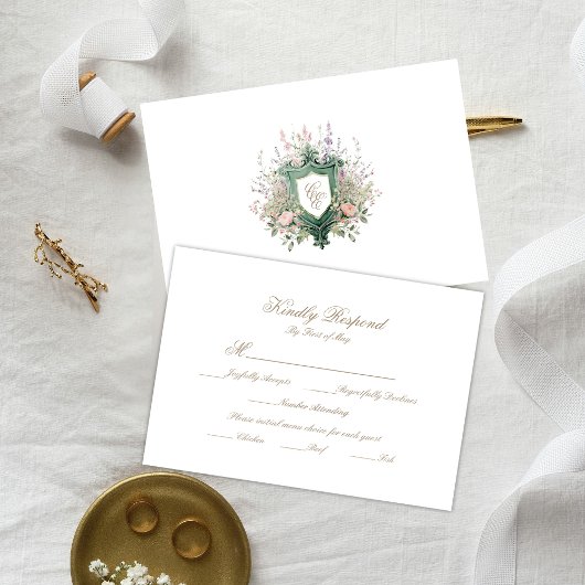 Floral Wedding Monogram Crest RSVP Card Kaartje
