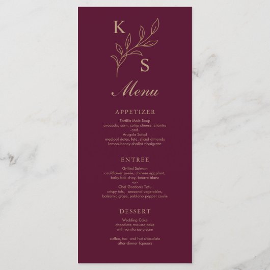 Floral Wedding Monogram Minimalistisch Menu (Achterkant)