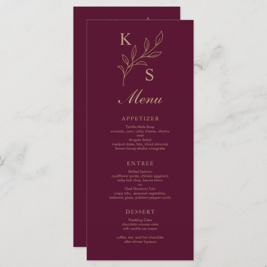 Floral Wedding Monogram Minimalistisch Menu (Voorkant / Achterkant)
