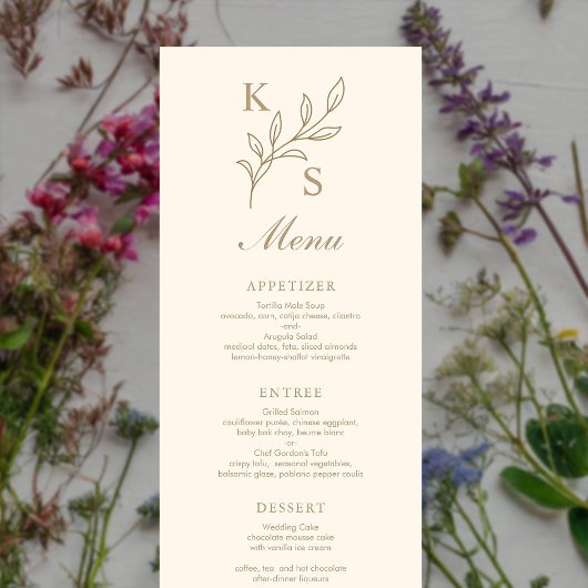 Floral Wedding Monogram Minimalistisch Menu